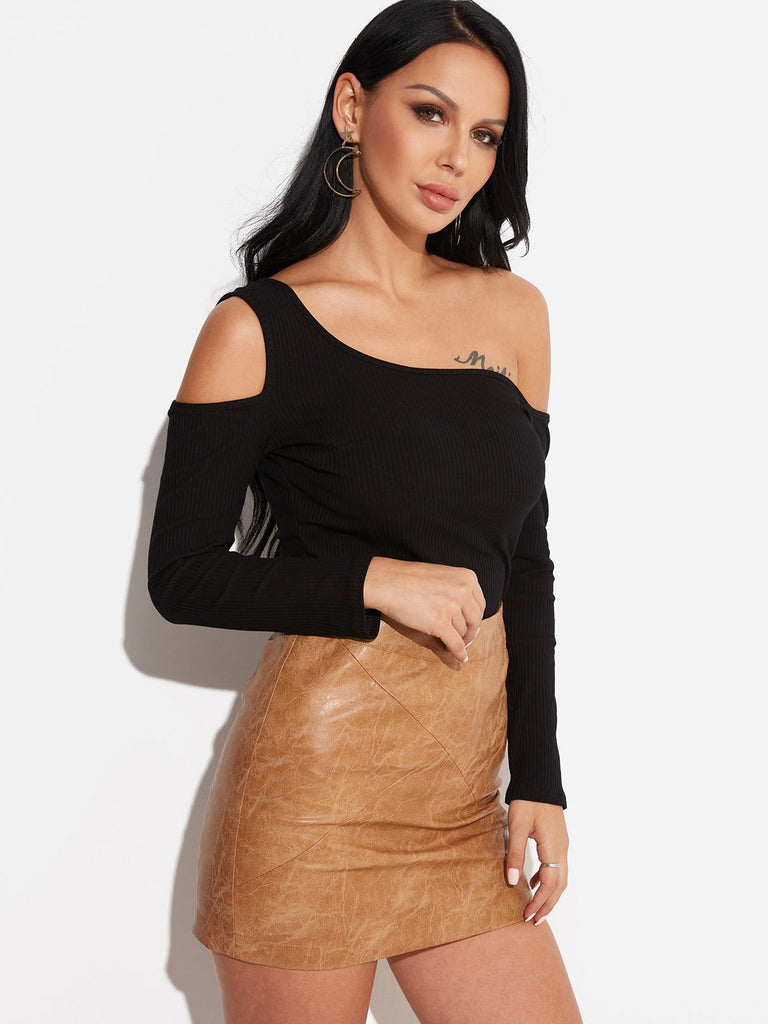 One Shoulder Long Sleeves Knitted T-Shirt