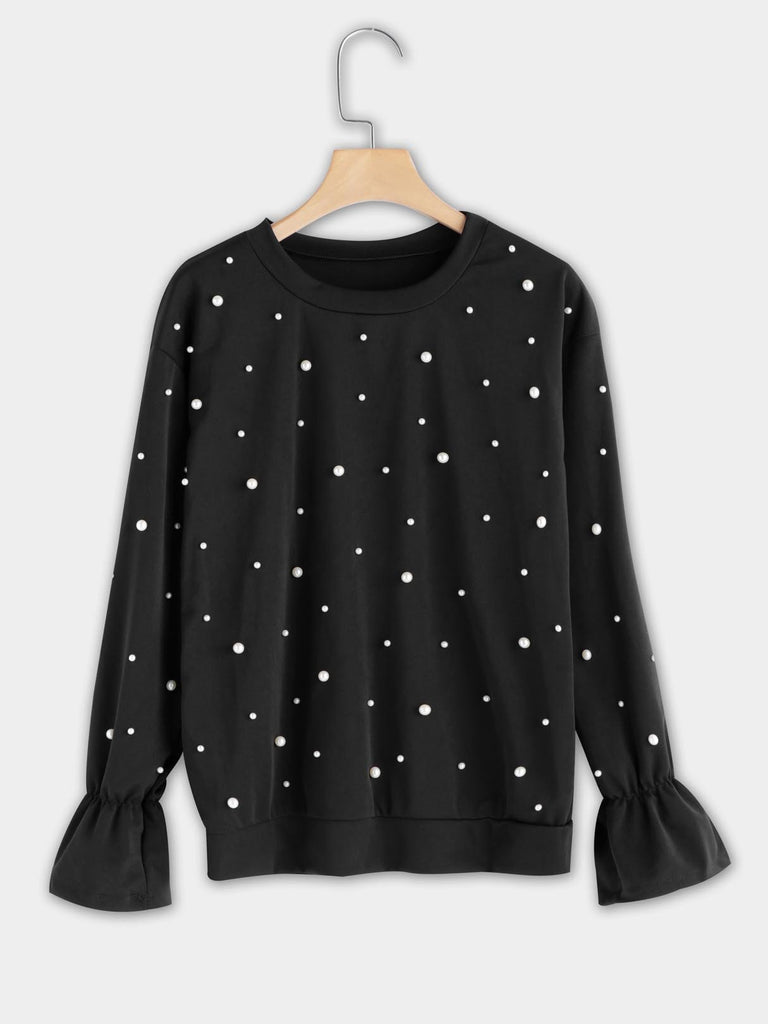 Round Neck Long Sleeve Black Nail Bead Top