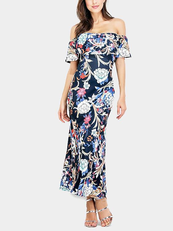 Navy Tiered Backless Off The Shoulder Sleeveless Maxi Dress