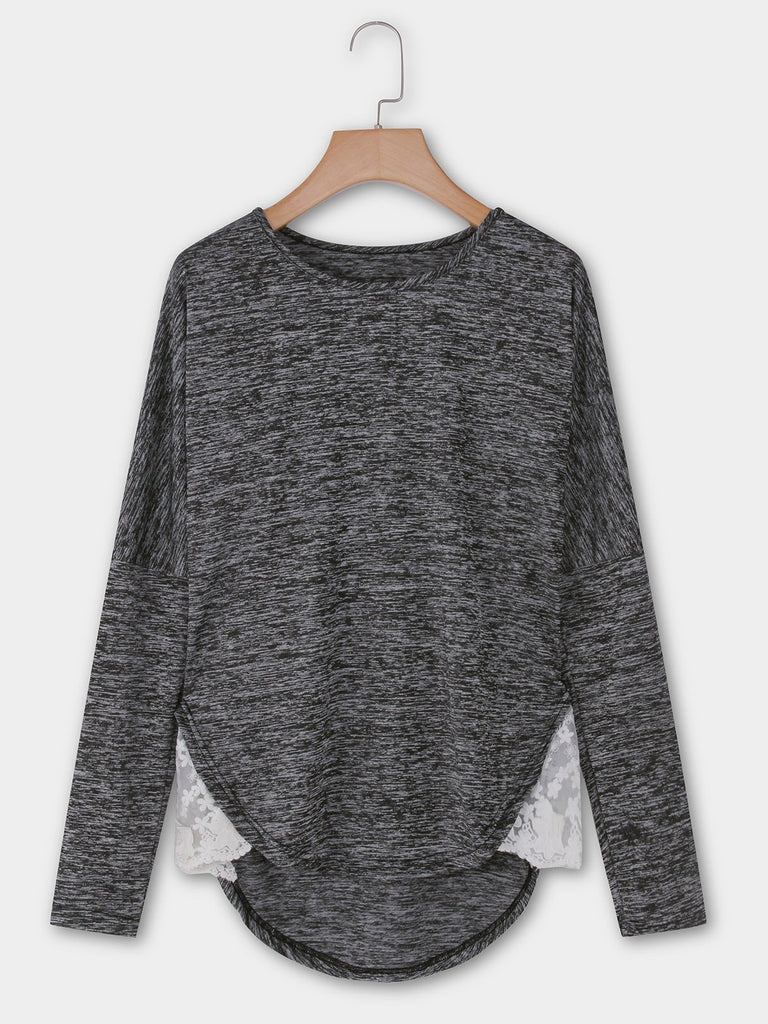 Round Neck Embroidered Long Sleeve Stitching Hem Dark Grey T-Shirts