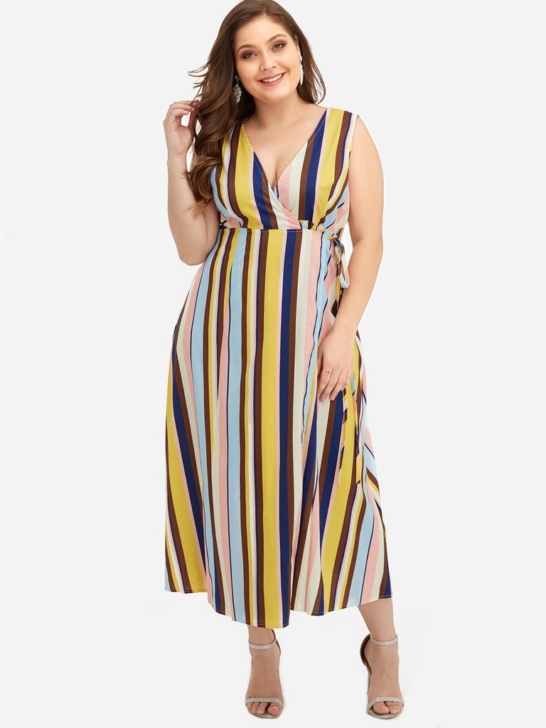 V-Neck Stripe Wrap Sleeveless Plus Size Maxi Dresses