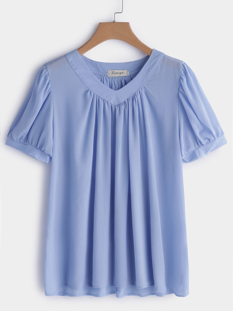 V-Neck Plain Pleated Short Sleeve Plus Size Tops