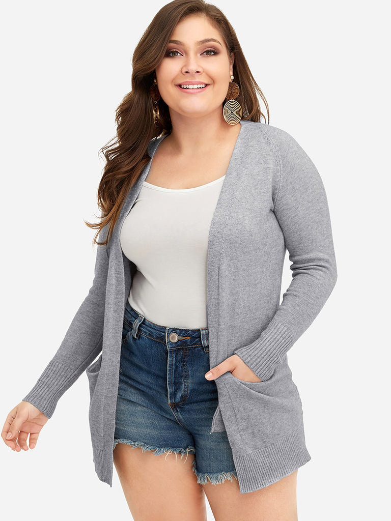 Plus Size Open Front Pocket Knit Cardigan