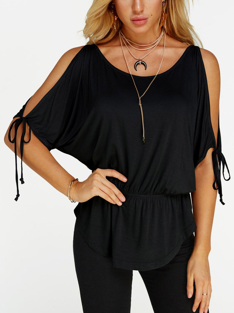 Cold Shoulder Plain Lace-Up Half Sleeve Curved Hem Black Top