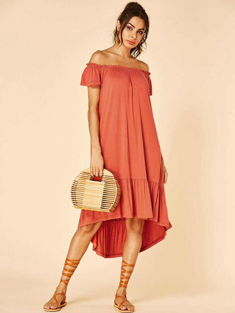 Orange Off The Shoulder Short Sleeve Pleated Ruffle Hem Dresses