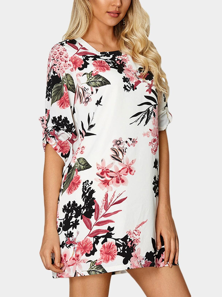 White Round Neck Half Sleeve Self-Tie Floral Print Mini Dresses