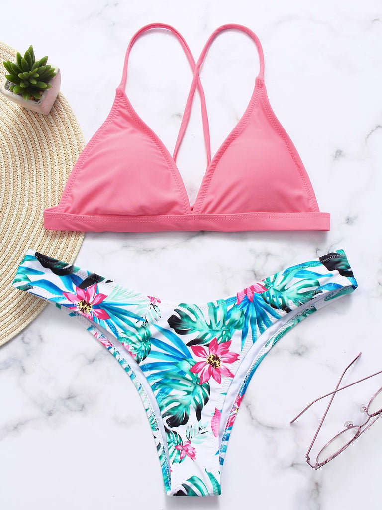 V-Neck Sleeveless Floral Print Backless Criss-Cross Tie-Up Two Piece Bikinis