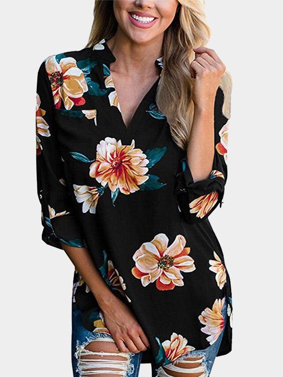 V-Neck Floral Print Long Sleeve Curved Hem Black Blouses