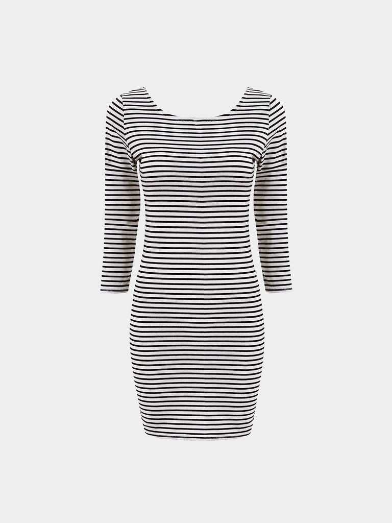 Round Neck Long Sleeve Stripe Backless Mini Dresses