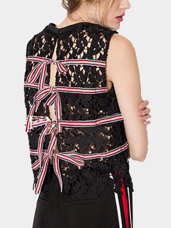 Round Neck Lace Sleeveless Black Camis