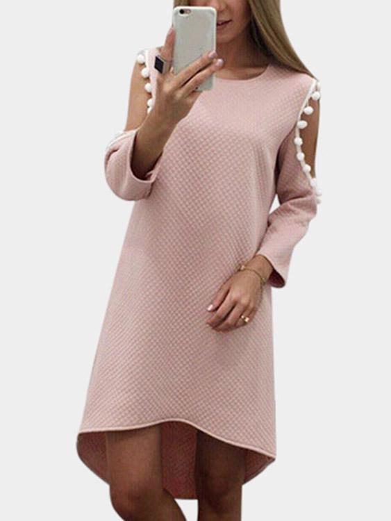 Pink Round Neck Long Sleeve Tassel Cut Out Irregular Curved Hem Mini Dress