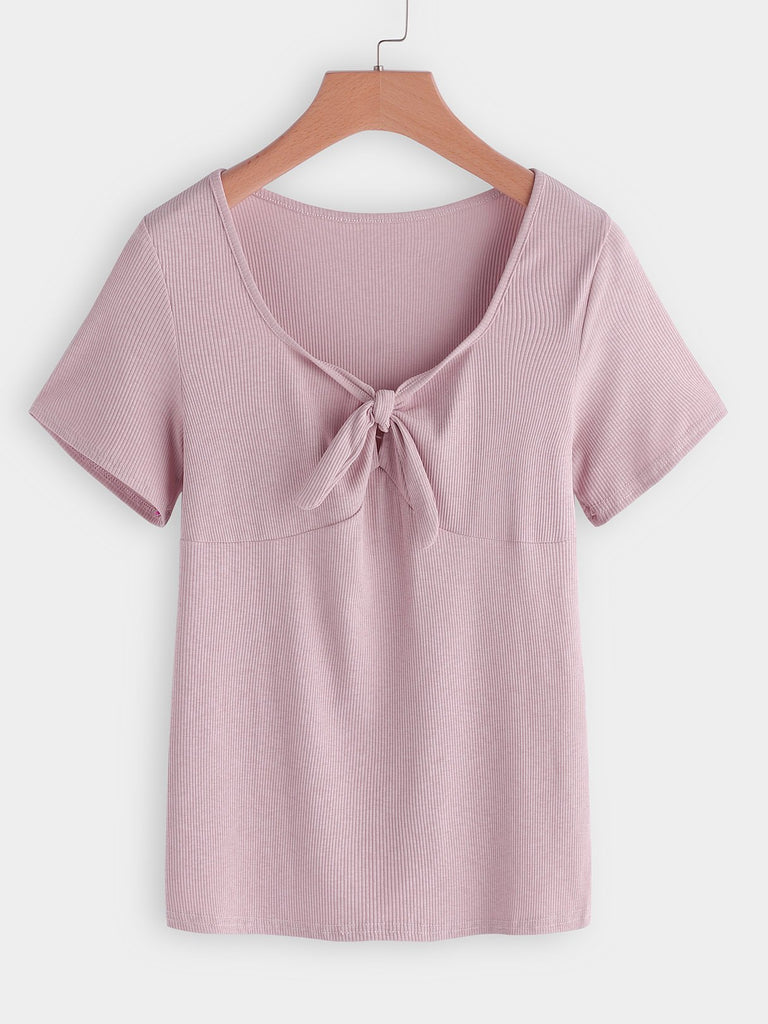V-Neck Plain Self-Tie Short Sleeve Pink Plus Size Tops