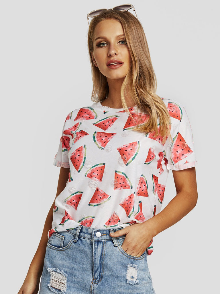 Round Neck Printed Random Ripped Short Sleeve T-Shirts
