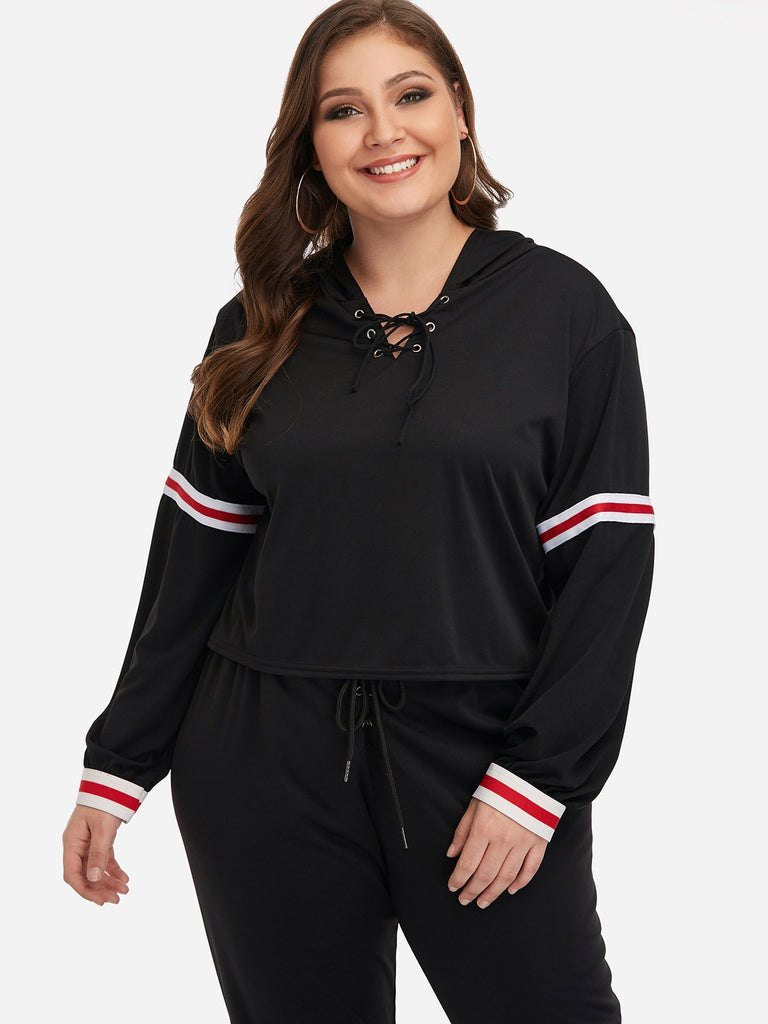 V-Neck Hooded Lace-Up Long Sleeve Black Plus Size Tops