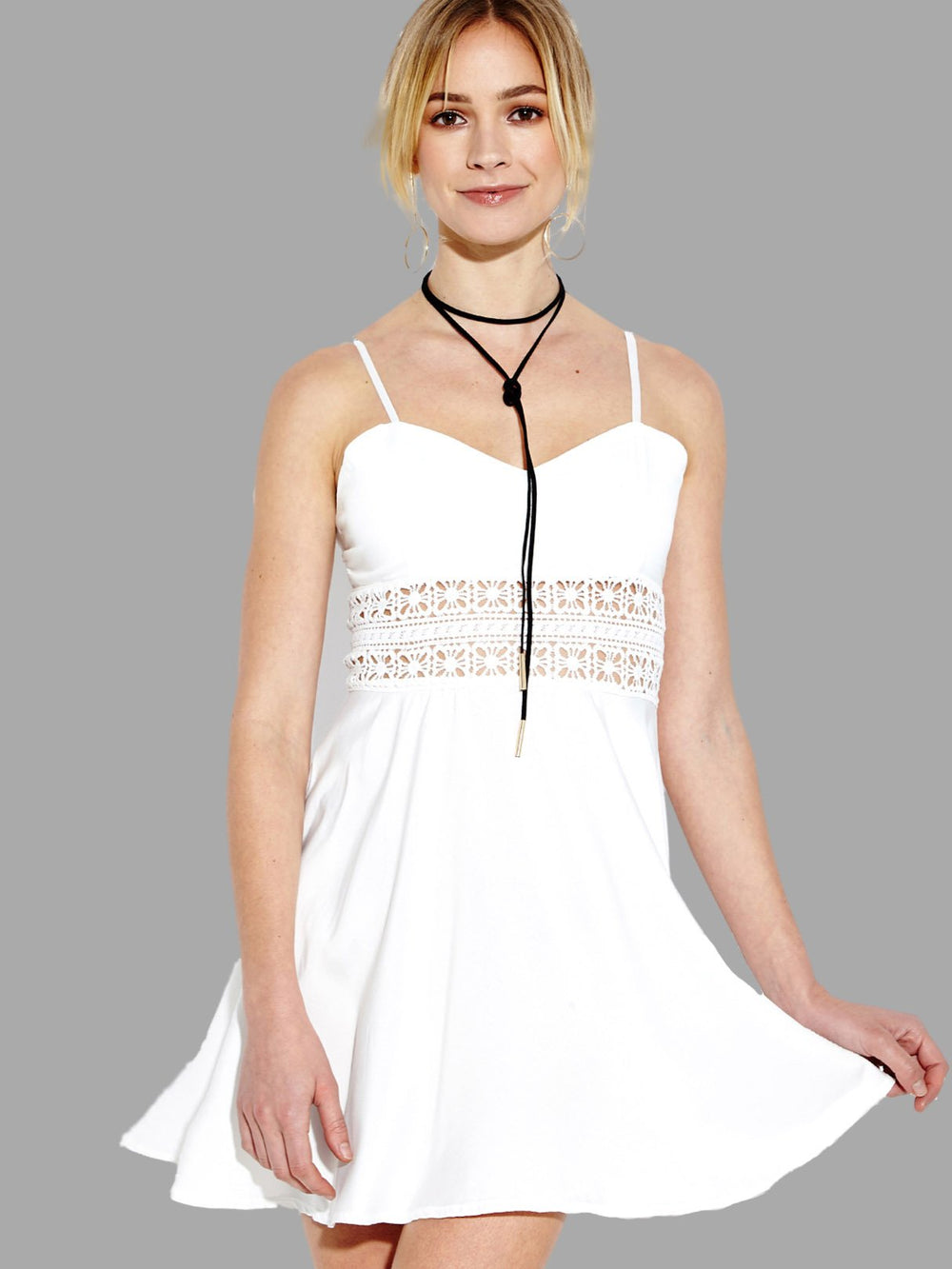 White Sleeveless Lace Cut Out Spaghetti Strap Mini Dress