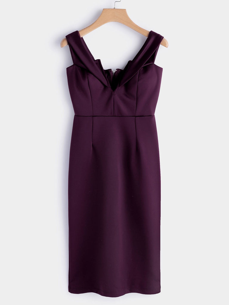 Burgundy V-Neck Off The Shoulder Short Sleeve Plain Zip Back Slit Sexy Dresses