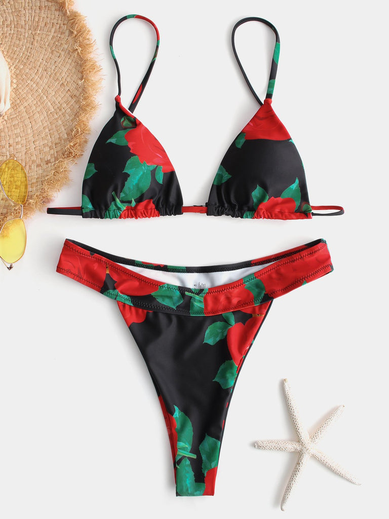 Black V-Neck Floral Print Backless High-Waisted Bikinis