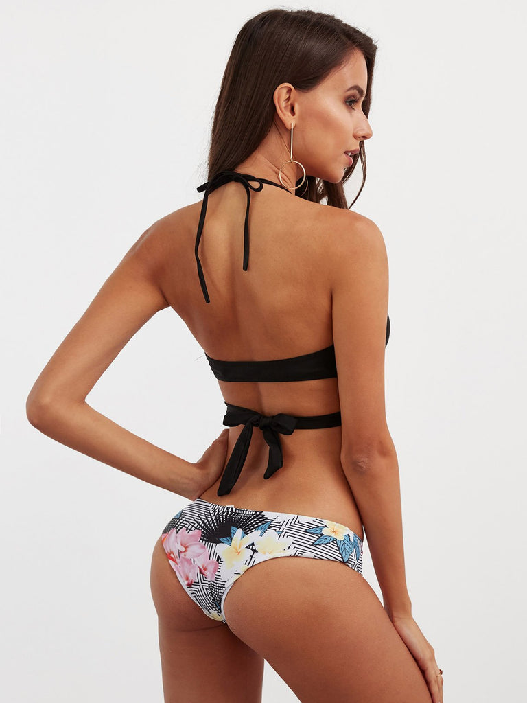 Womens Black Floral Bikinis