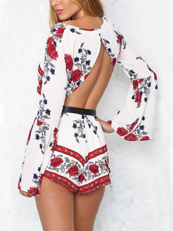 Round Neck Floral Print Backless Two Piece Outfits