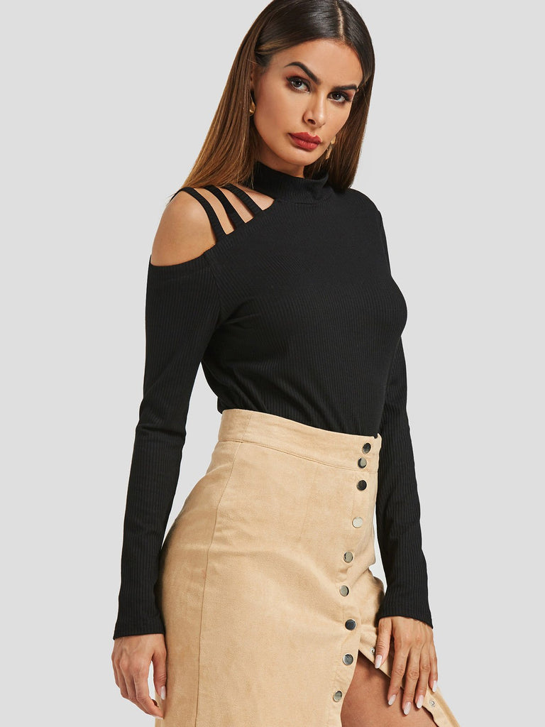 Round Neck Cut Out Long Sleeve Black Top