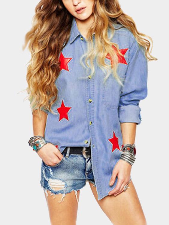 Star Long Sleeve Blue Blouses