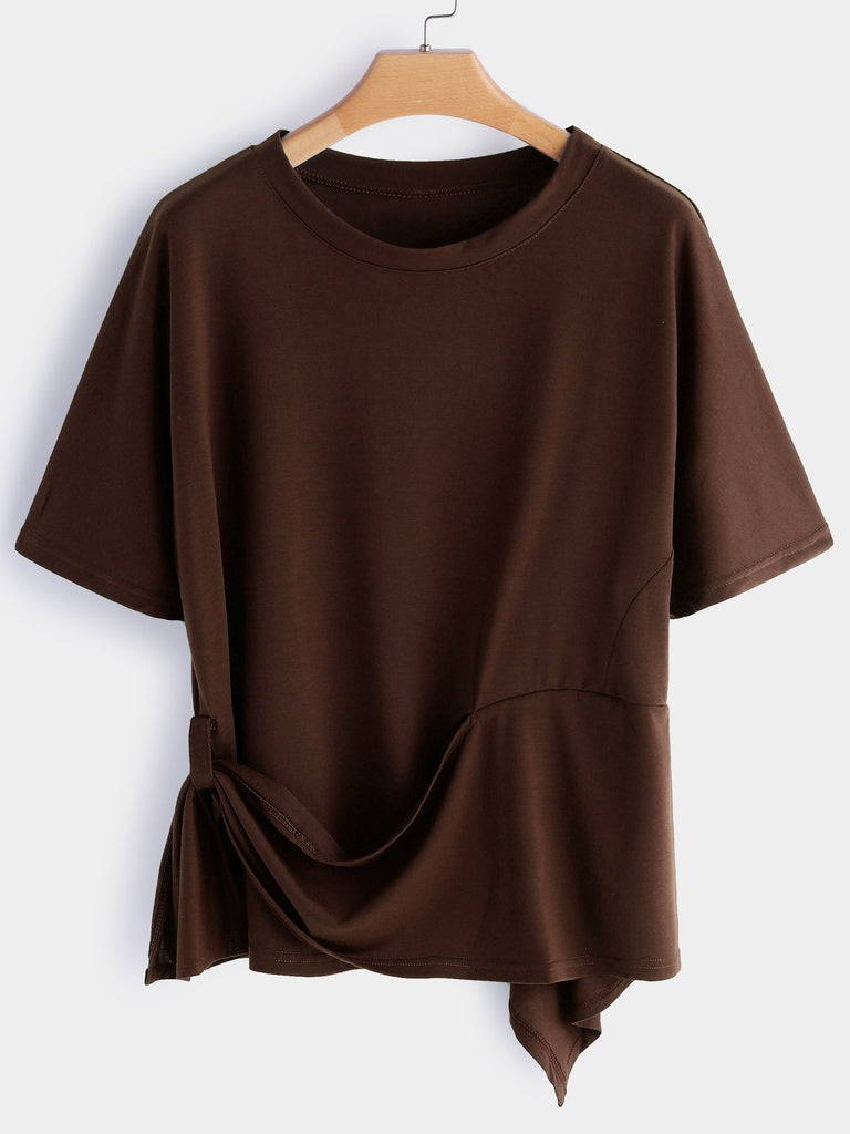 Round Neck Plain Short Sleeve Asymmetrical Hem Plus Size Tops