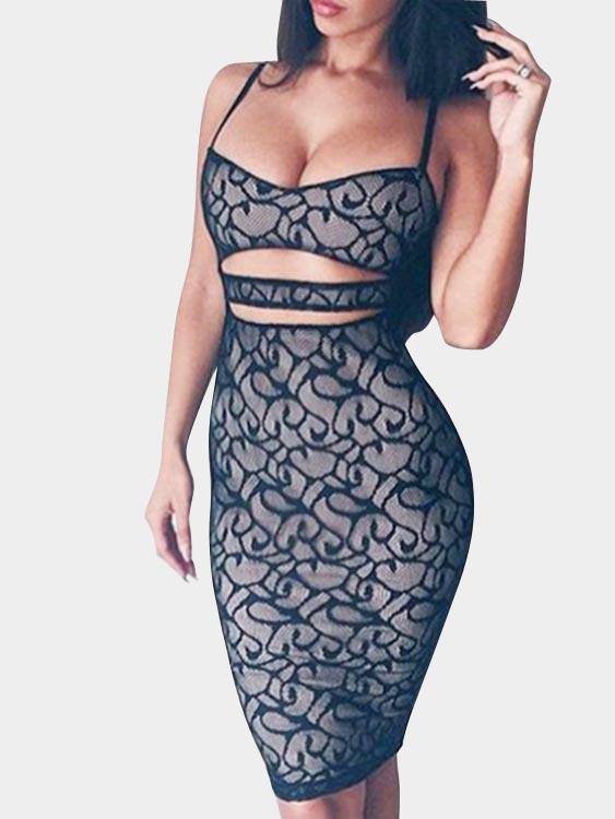 Black Sleeveless Lace Cut Out Bodycon Dresses