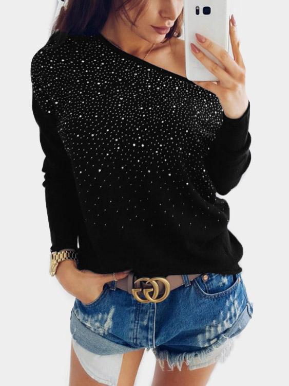 One Shoulder Long Sleeve Black T-Shirt