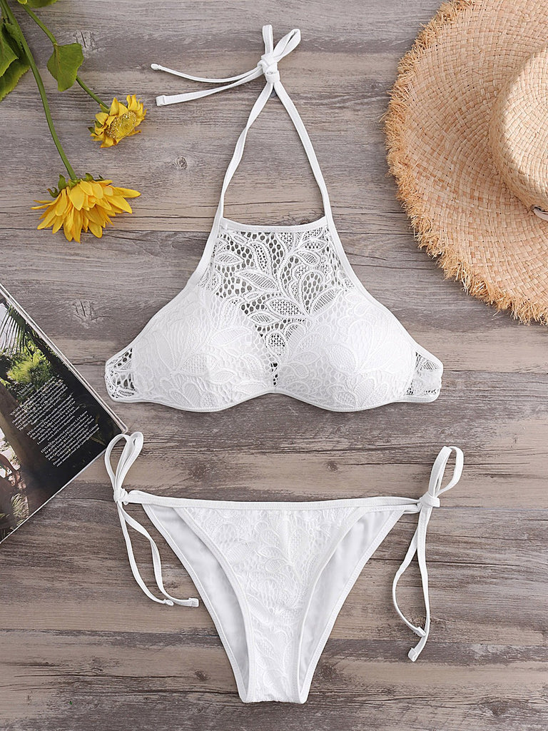 Halter Lace Backless Self-Tie Sleeveless White Bikini Set