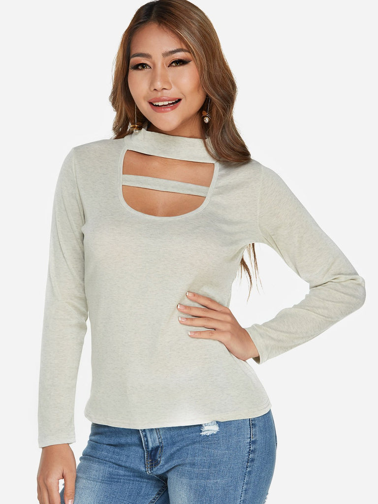 Perkins Collar Plain Cut Out Long Sleeve Grey T-Shirts