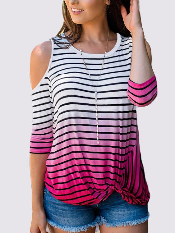 Rose Round Neck Cold Shoulder 3/4 Sleeve Length Stripe T-Shirts