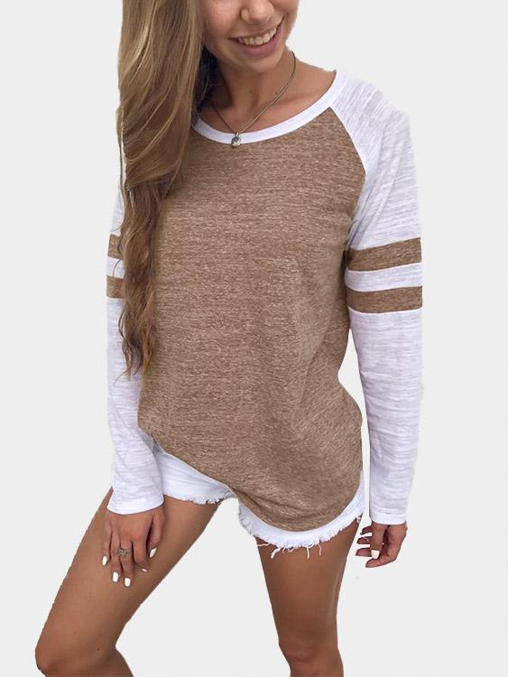 Khaki Round Neck Long Sleeve T-Shirts