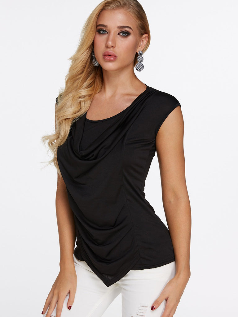 Scoop Neck Plain Lace-Up Pleated Sleeveless T-Shirts