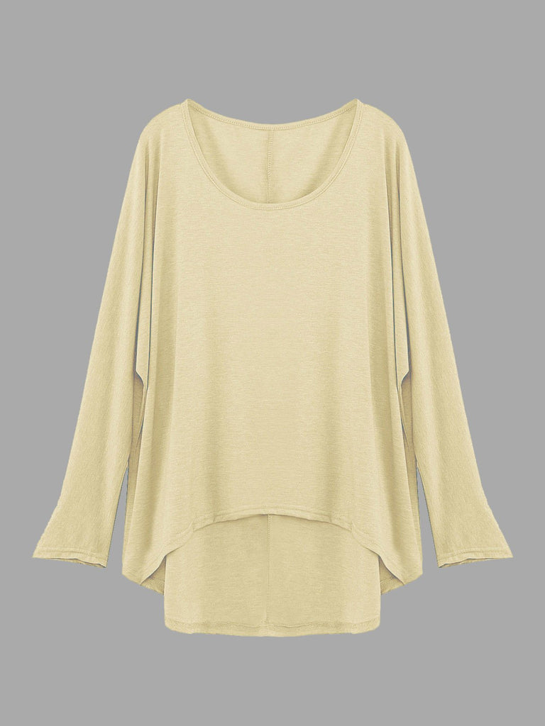 Round Neck Curved Hem Beige T-Shirts