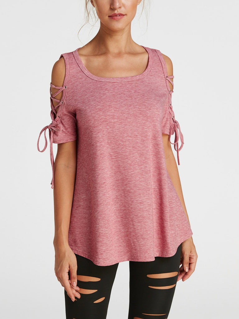 Round Neck Cold Shoulder Lace-Up Short Sleeve T-Shirts