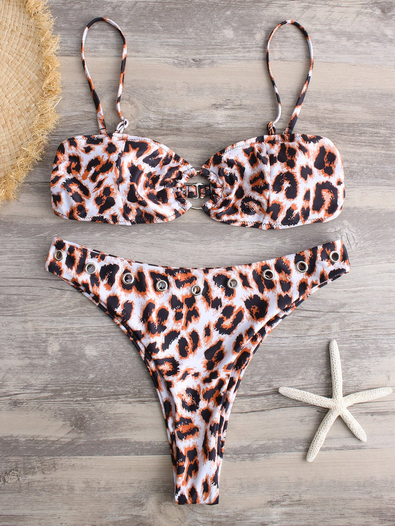 Sleeveless Floral Print Backless Metallic Buckle High-Waisted Bikini Set Swimwear