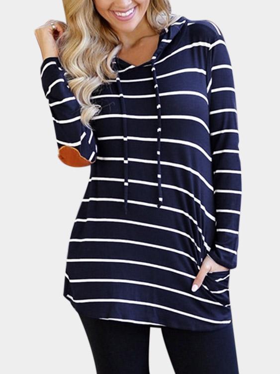Pullover Stripe Two Large Pockets Hooded Long Sleeve Navy T-Shirts