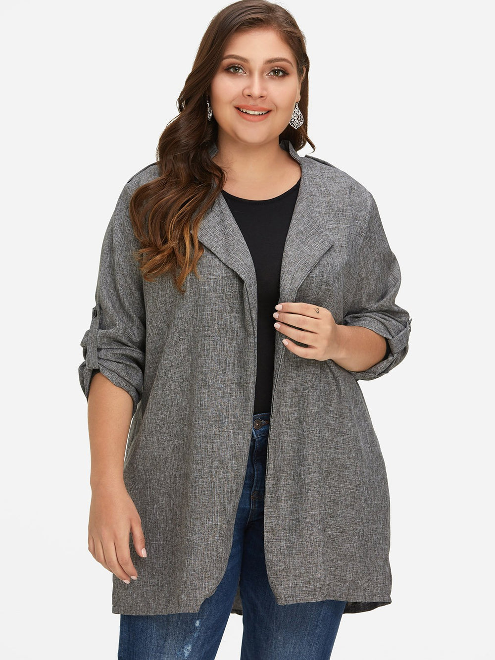 Lapel Collar Plain Long Sleeve Grey Plus Size Coats & Jackets