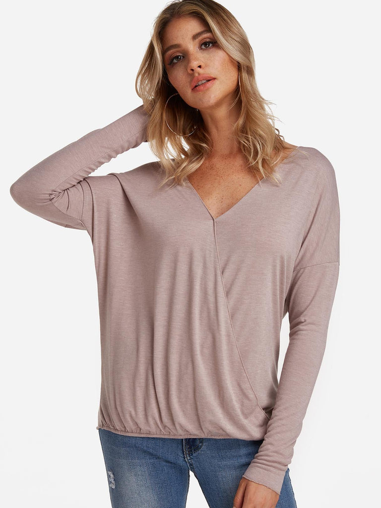 V-Neck Plain Pleated Long Sleeve Irregular Hem Khaki T-Shirts