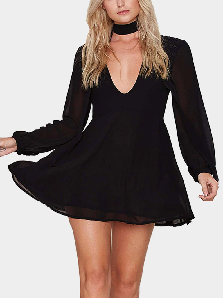 Black Long Sleeve Plain Sexy Dress