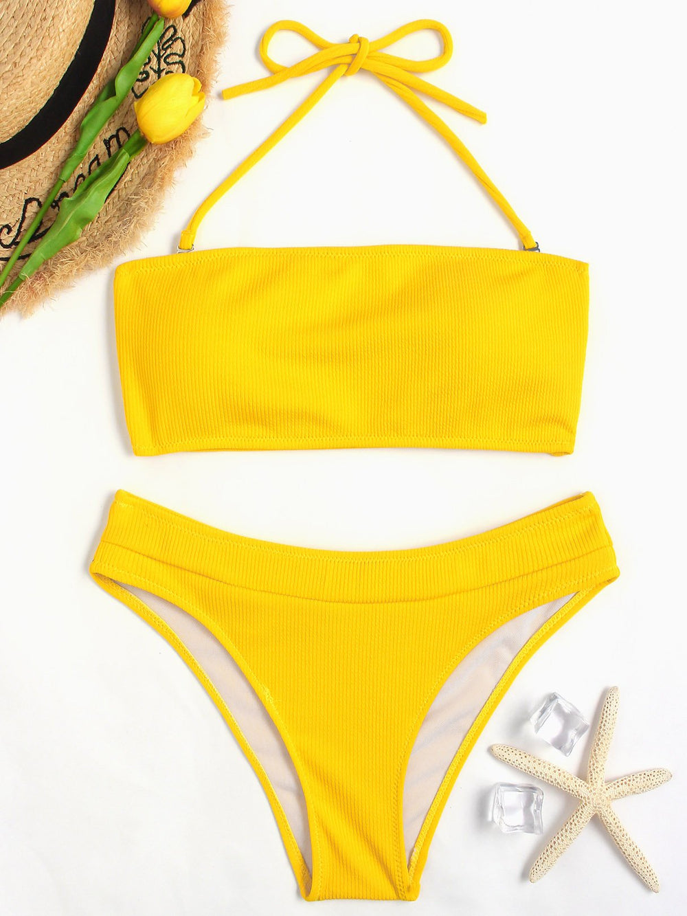 Yellow Halter Tube Top Sleeveless Plain Bikinis