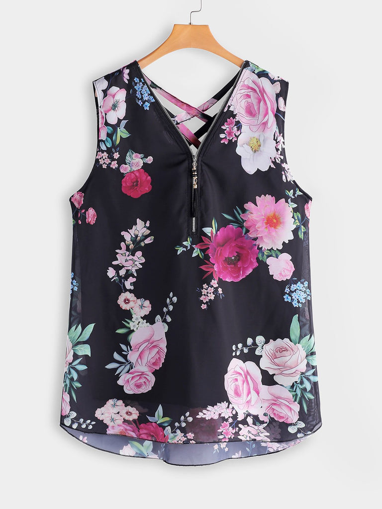 V-Neck Floral Print Zip Pockets Sleeveless Curved Hem Plus Size Tops