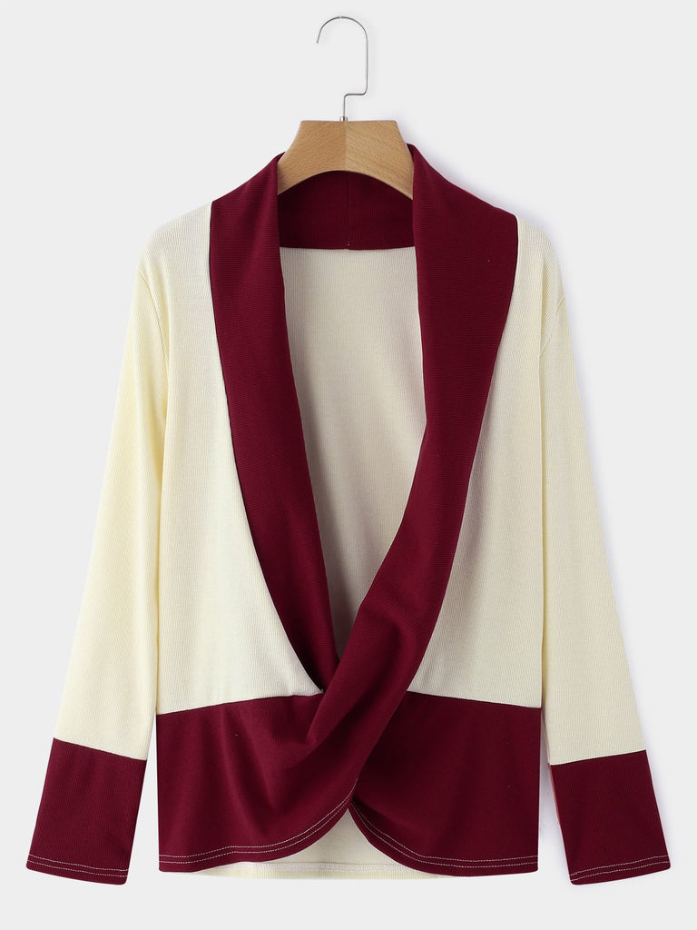 Deep V Neck Plain Crossed Front Pleated Long Sleeve Slit Hem Red T-Shirts