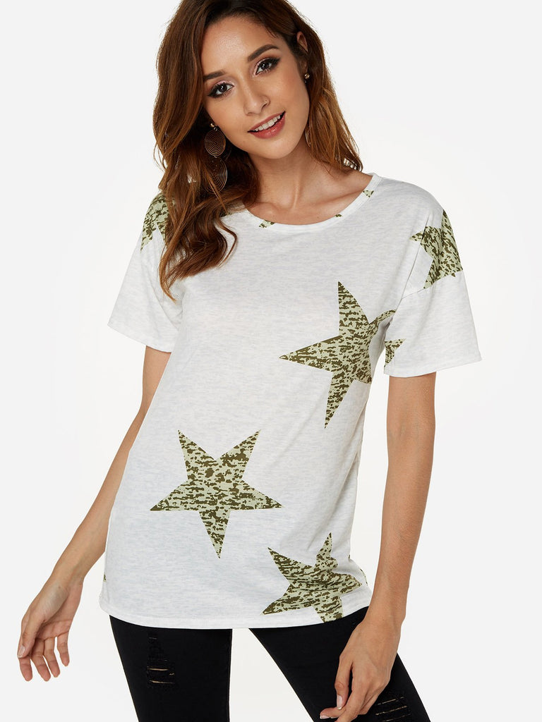 Crew Neck Star Short Sleeve Army Green T-Shirts