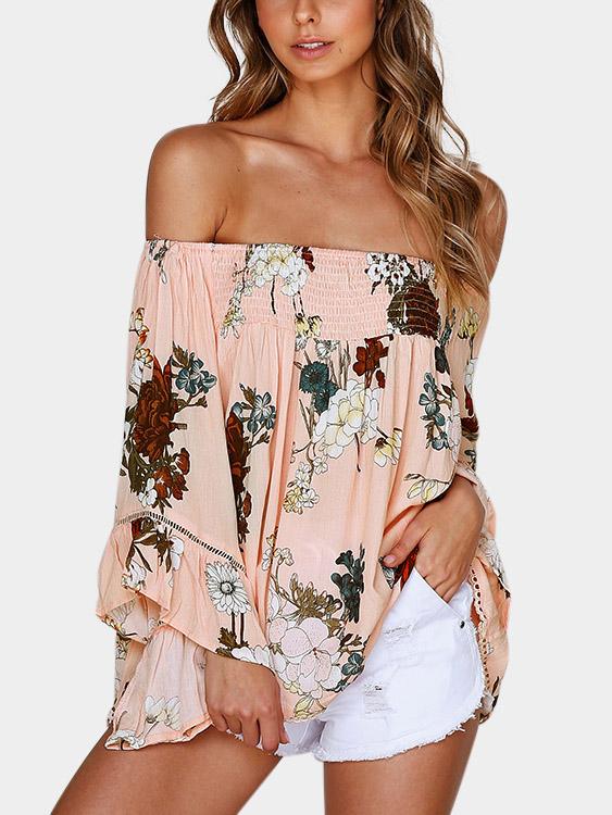 Off The Shoulder Floral Print Long Sleeve Pink Blouses