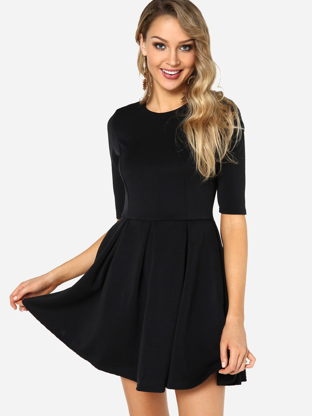Black Round Neck Half Sleeve Plain Ruffle Hem Mini Dress