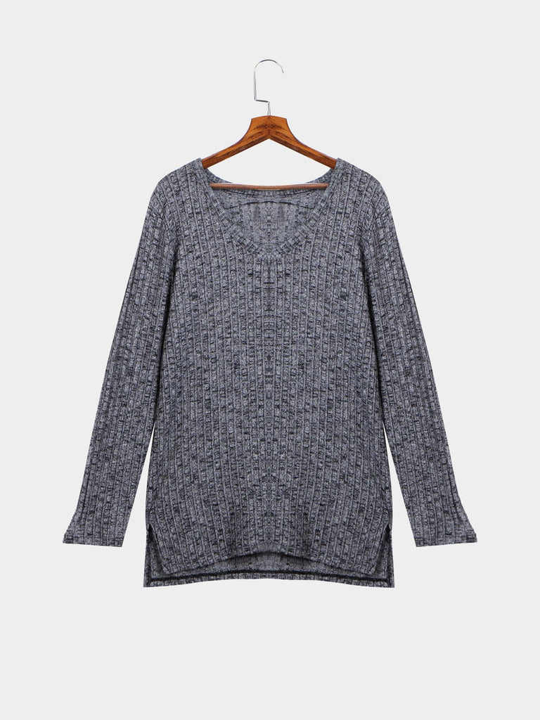 Long Sleeve V Neck Plain Split Side Grey T-Shirts