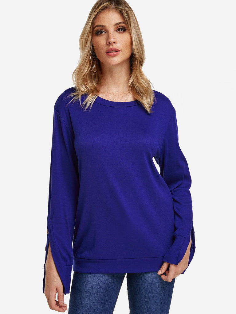 Crew Neck Plain Slit Long Sleeve T-Shirts