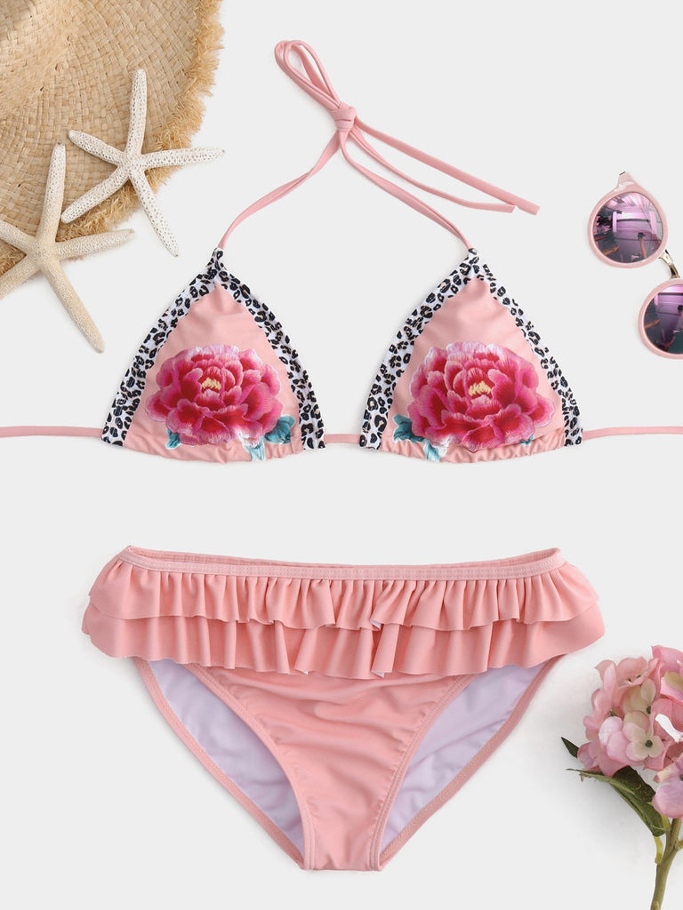 Halter Floral Print Backless Tie-Up Flounced Hem Pink Bikinis