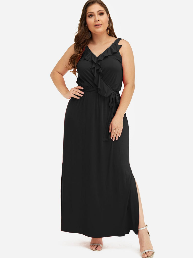 V-Neck Plain Belt Ruffle Trim Sleeveless Black Plus Size Dress